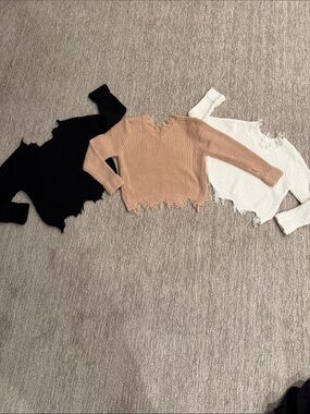 SHEIN Frayed Ribbed Knit Pullover Sweater Bundle - White, Beige and Black
